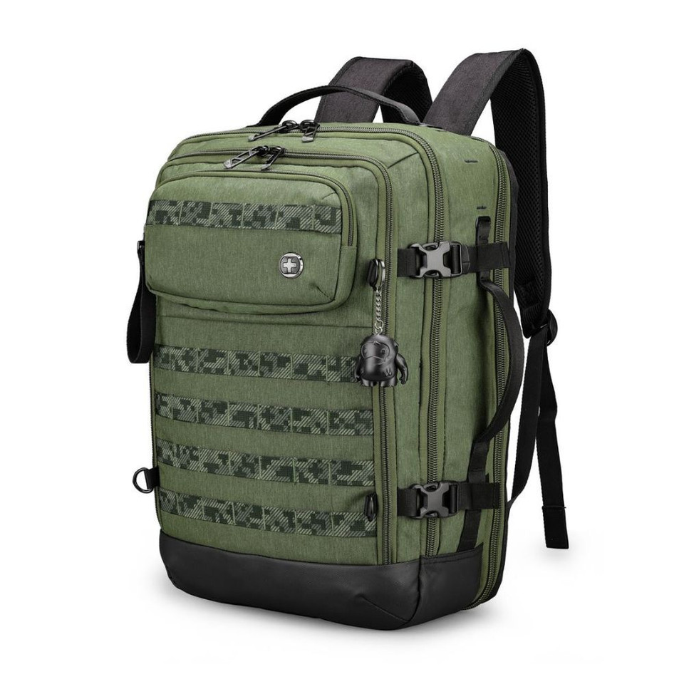 Green tactical backpack with multiple compartments and black straps.