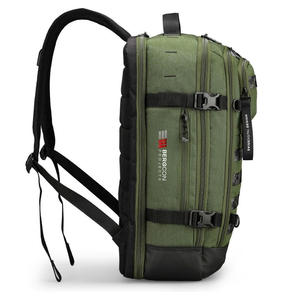 Green tactical backpack with multiple zippers and ergonomic straps.