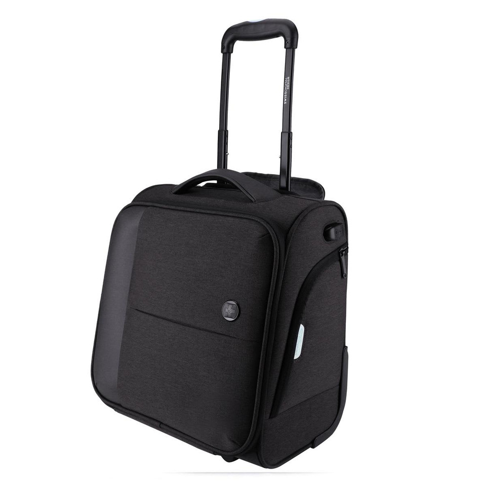 A wheeled underseat luggage bag in black with a telescopic handle and a logo. Features a zippered compartment.