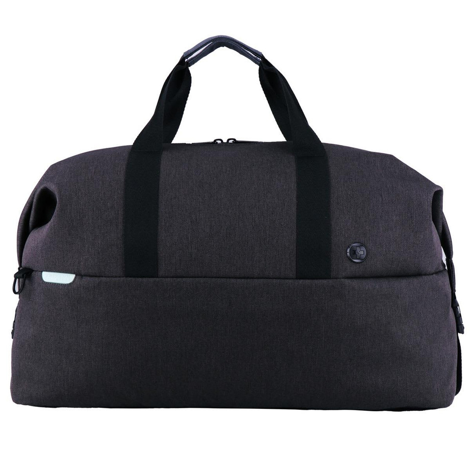 A dark grey duffle bag with dual black handles and a logo on the front.