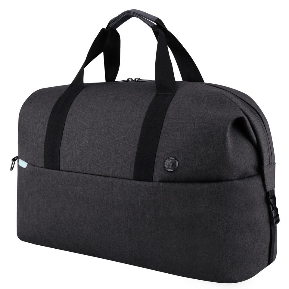 A dark grey duffle bag with black straps, featuring a logo and a zippered closure.