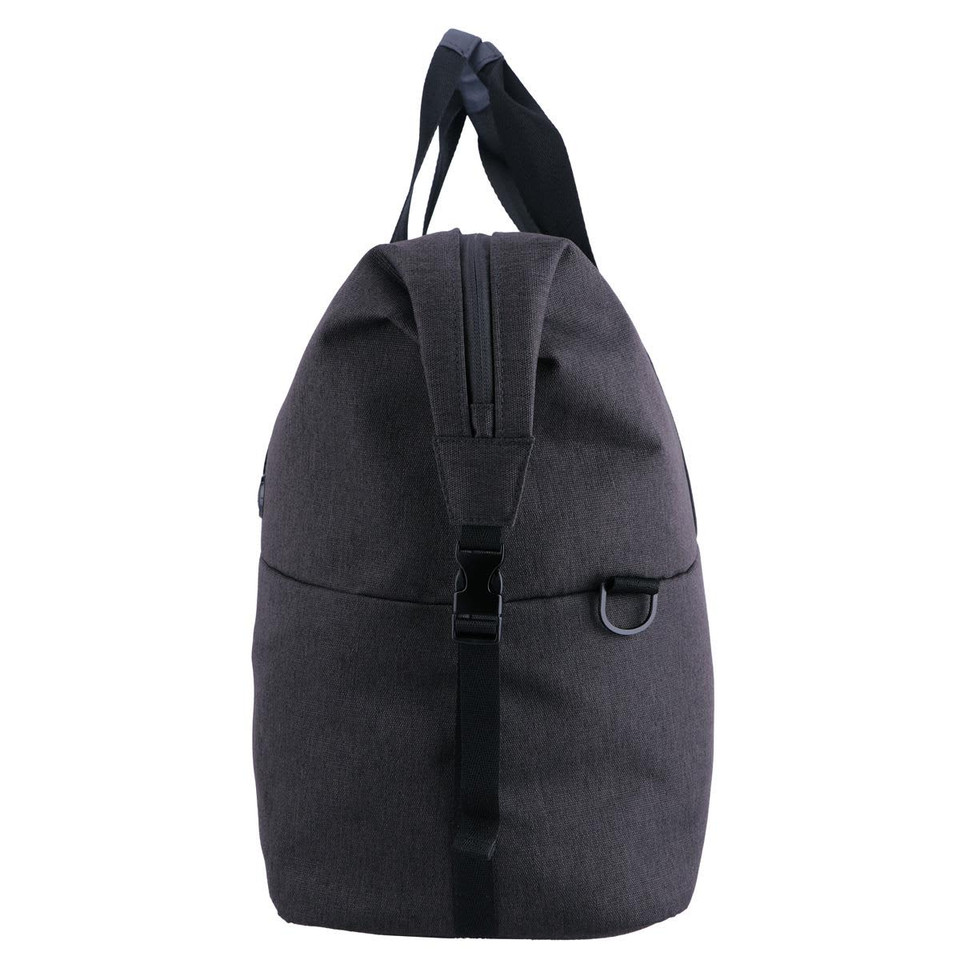 A grey duffle bag with a rounded top, featuring handles and a strap, includes a logo on the front.