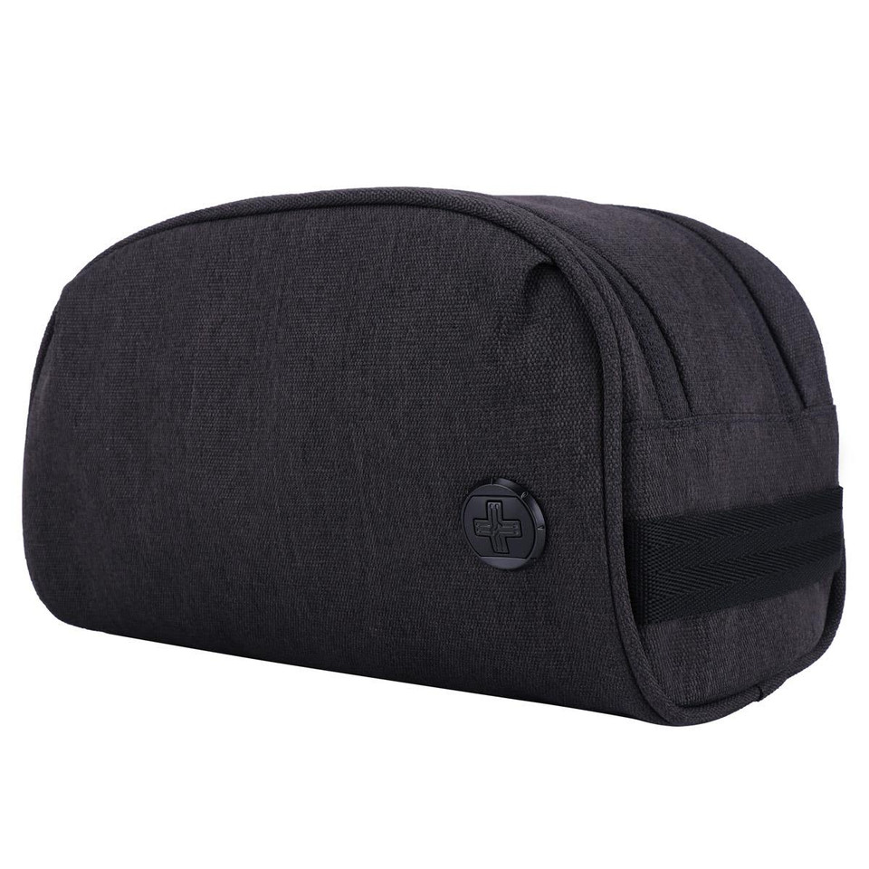 A dark grey toiletry bag with a logo, featuring a rounded shape and a black strap.