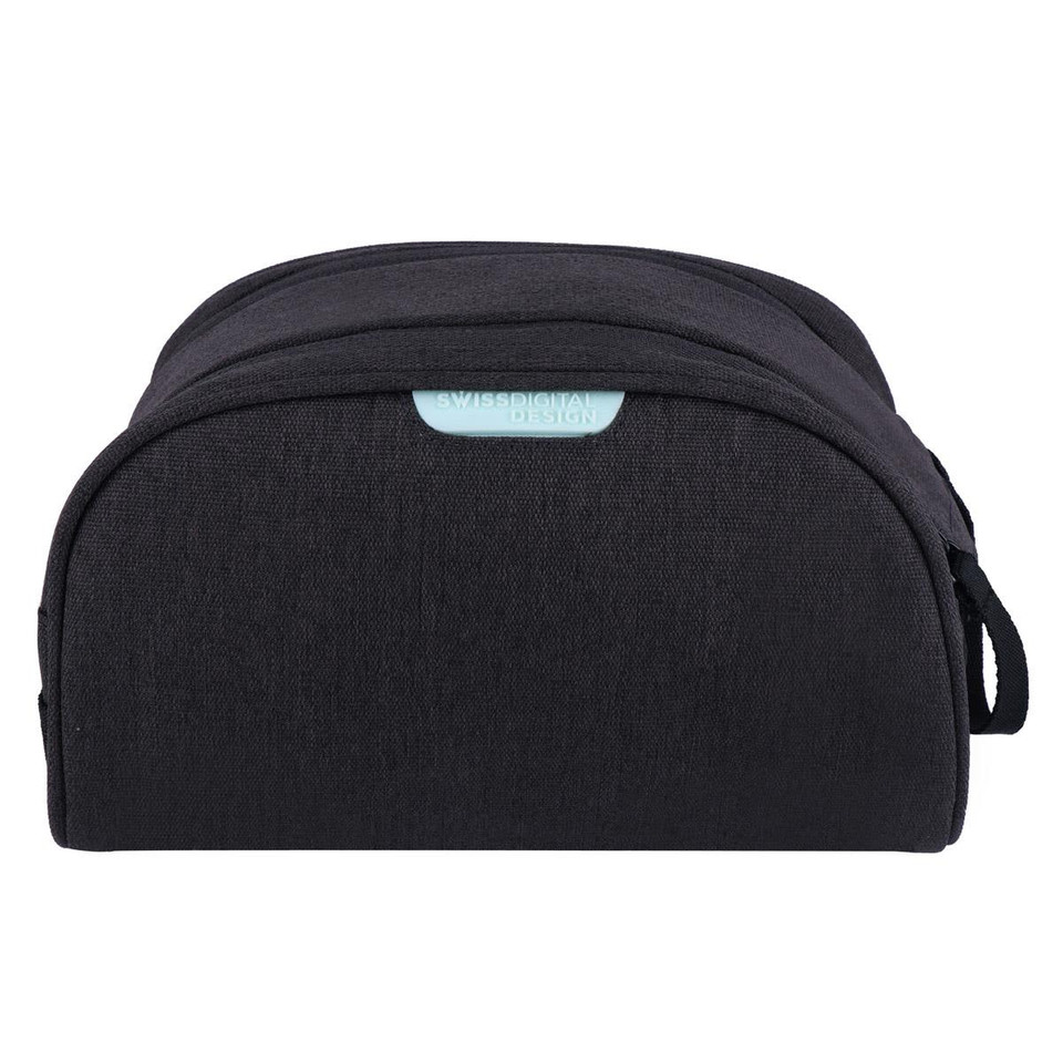 A black toiletry bag with a rounded shape, featuring a small handle and a logo on the front.
