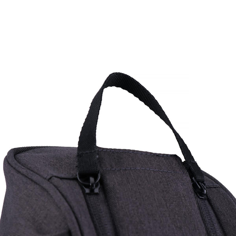 A grey toiletry bag with a black handle, featuring a zipped opening and a logo.