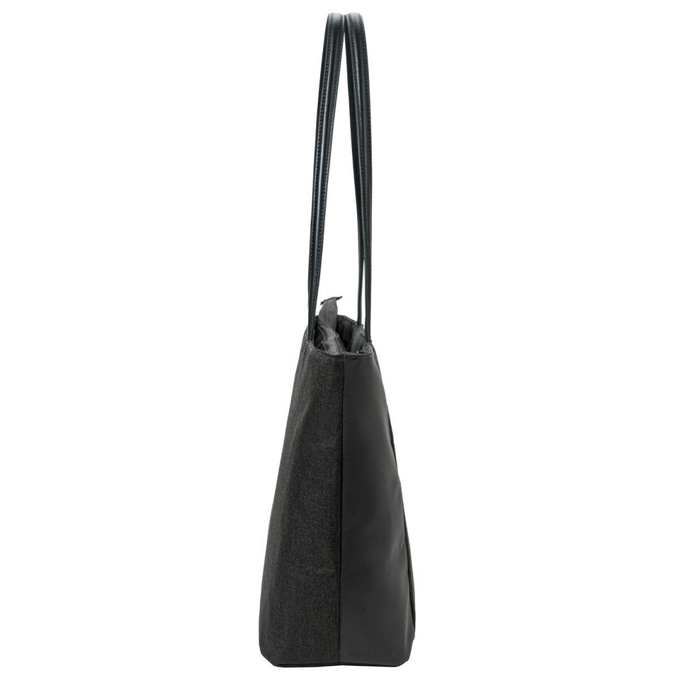 A sleek black tote bag with long handles, featuring a modern design and a subtle logo.