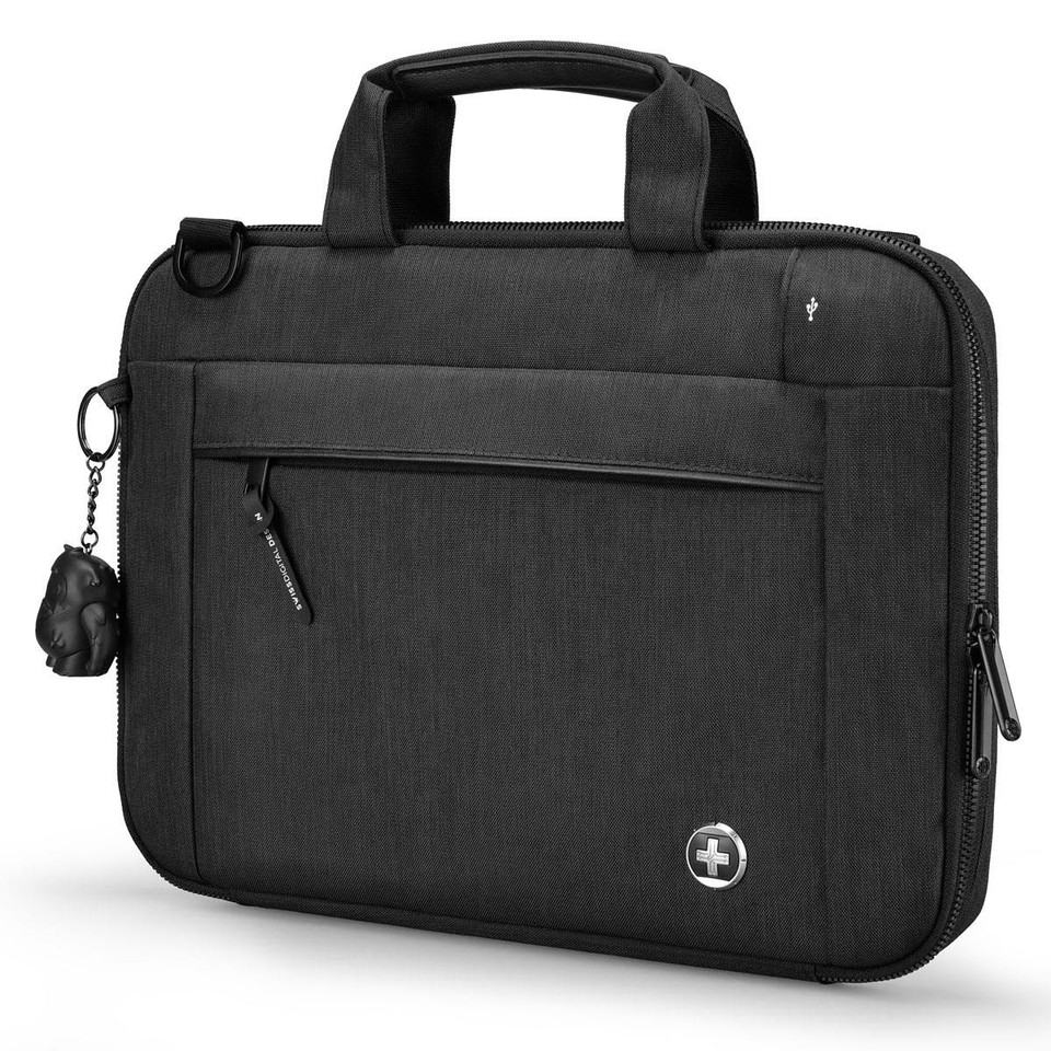 A black laptop sleeve with a handle and front pocket, featuring a logo and a small decorative charm.