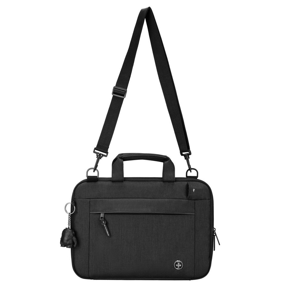 A black laptop sleeve with a detachable shoulder strap and a small keychain attached, featuring a logo.