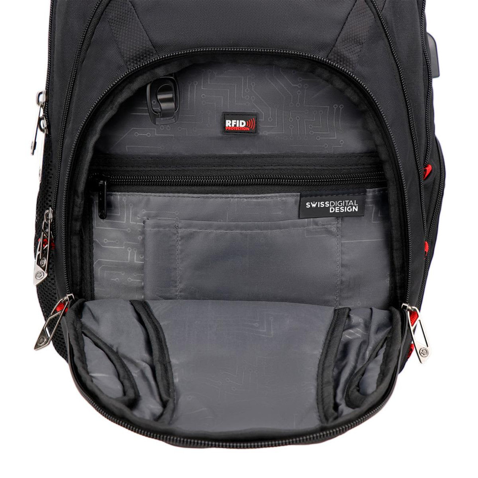 A black backpack interior featuring multiple compartments, including a zippered section and RFID protection.