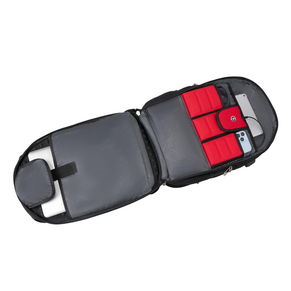 A grey backpack with red interior compartments, featuring space for devices and a logo.