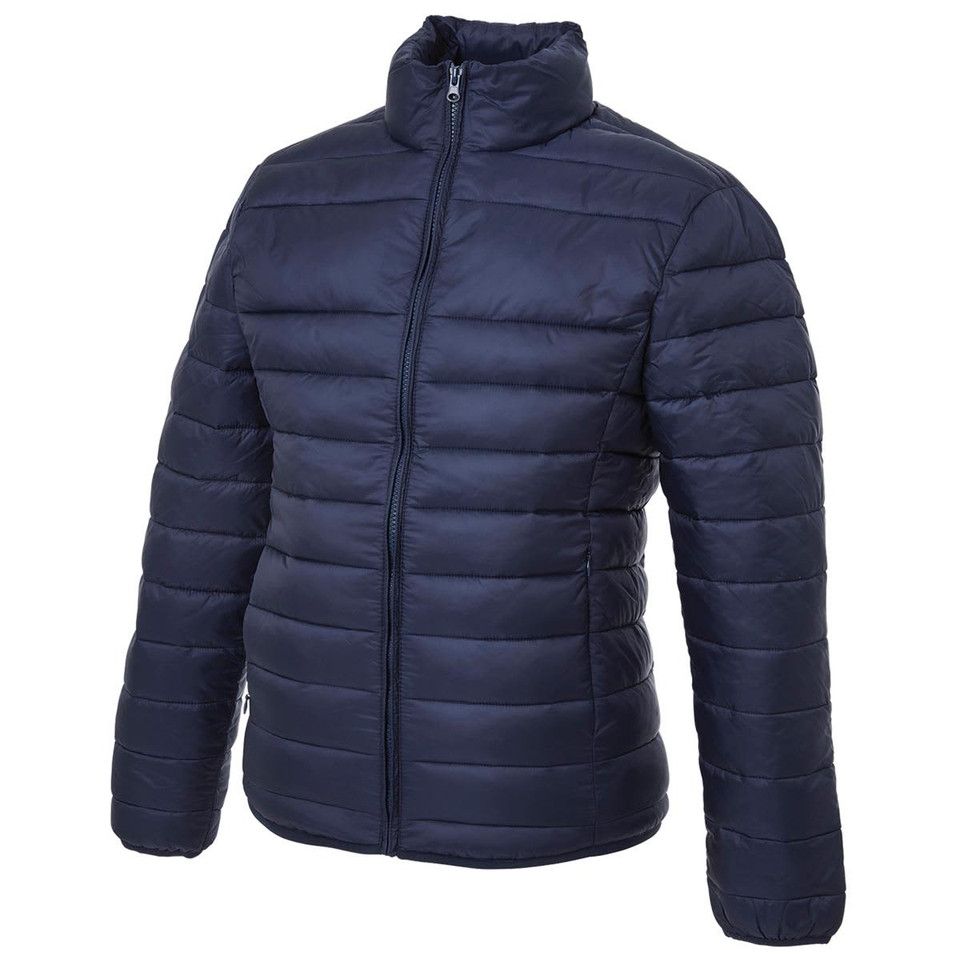 A navy puffer jacket with a stand-up collar and a zip front, featuring a logo on the chest.