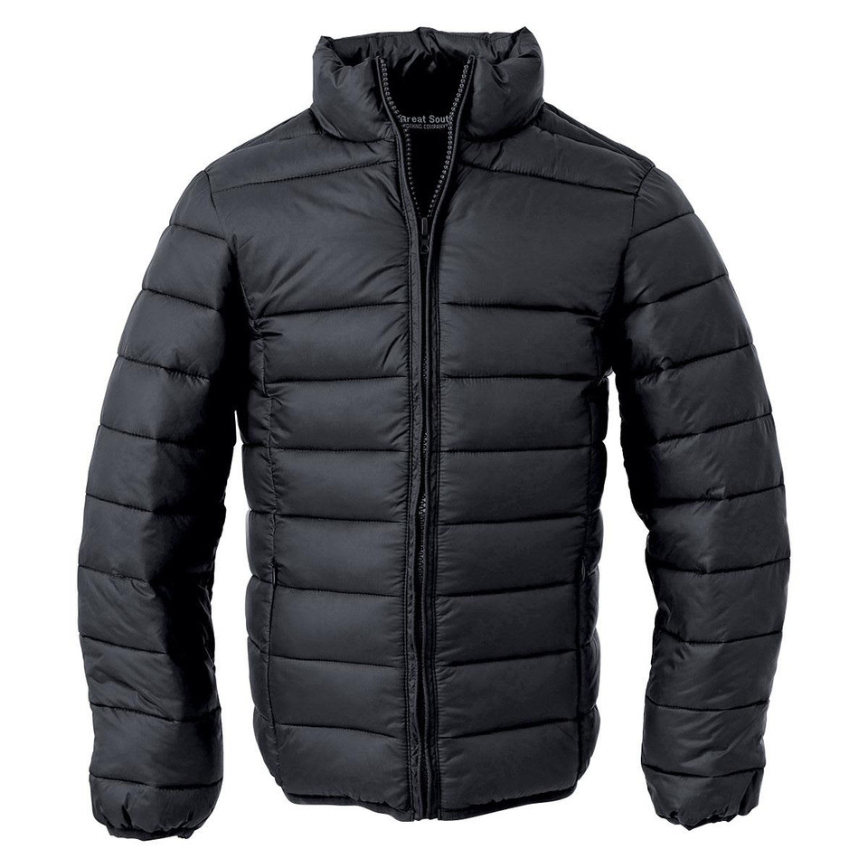 A black puffer jacket with a high collar and zippered front, featuring a logo on the interior.