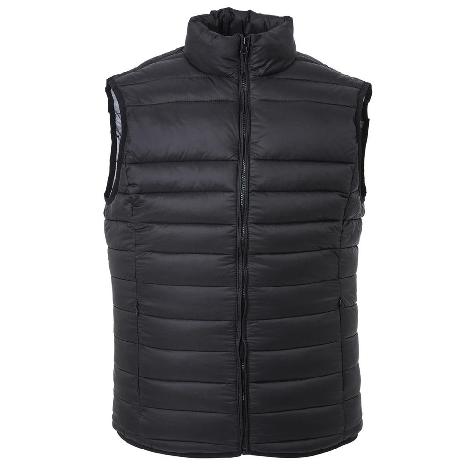 A black puffer vest with a high collar and zip closure. Features a quilted design. Includes branding.