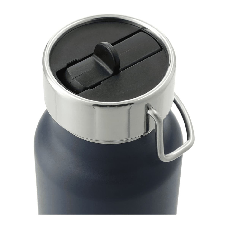 A drink bottle with a dark navy finish and a silver screw lid. It features a straw lid and a handle.