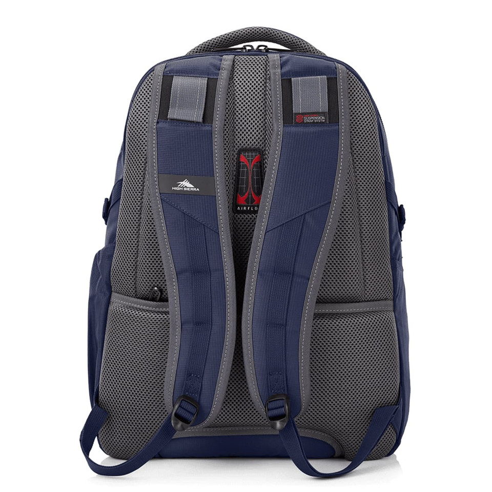 A grey and navy backpack featuring padded shoulder straps and a logo, designed for comfort and functionality.