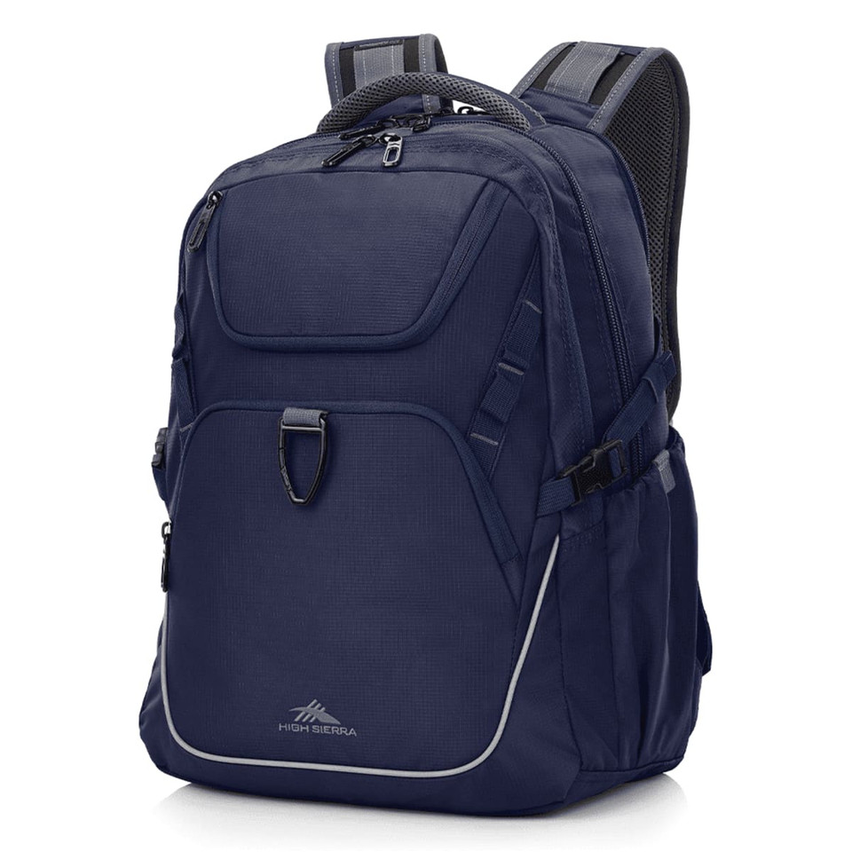 A navy blue backpack with adjustable straps, multiple compartments, and a logo. Suitable for various carrying needs.
