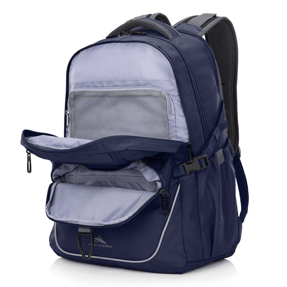 A navy blue backpack featuring multiple compartments, including a large front pocket and a logo.