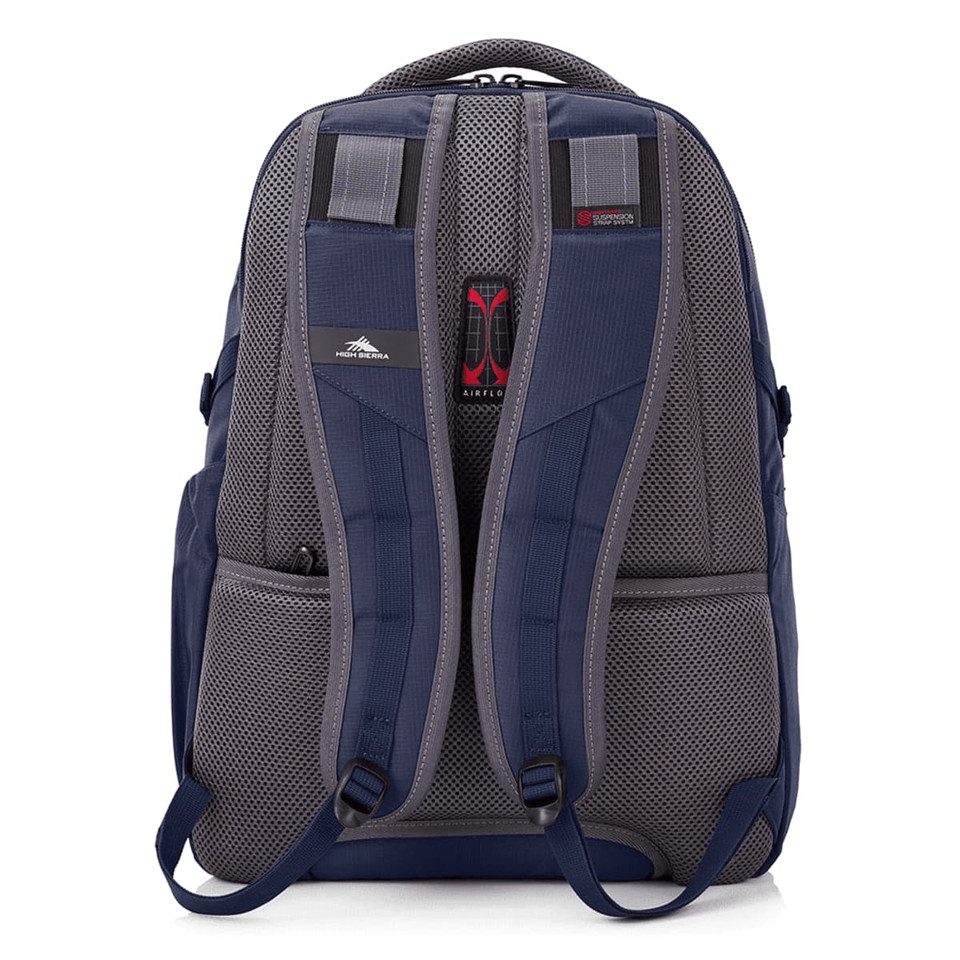A navy and grey backpack featuring padded shoulder straps and a logo on the front.