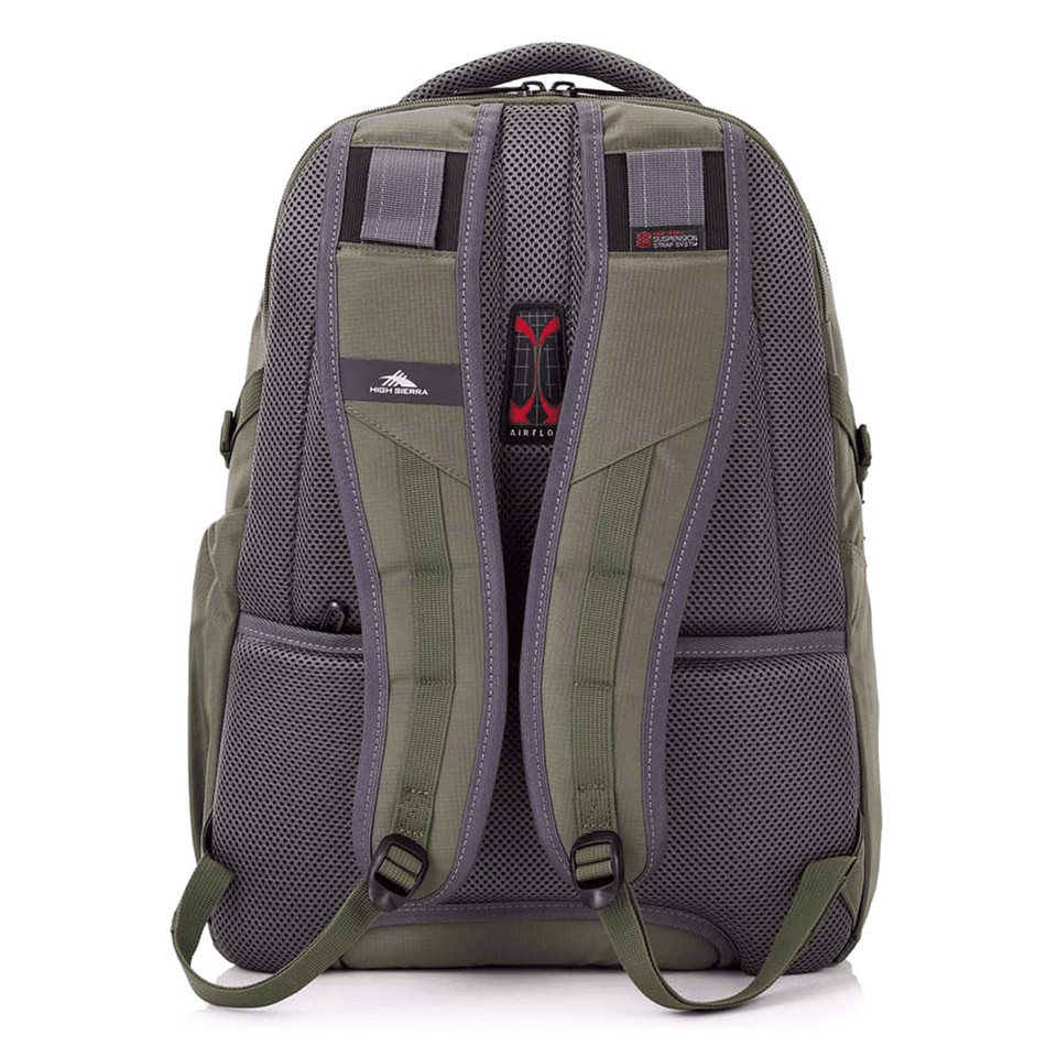 A grey and green backpack featuring padded shoulder straps and a logo on the back.