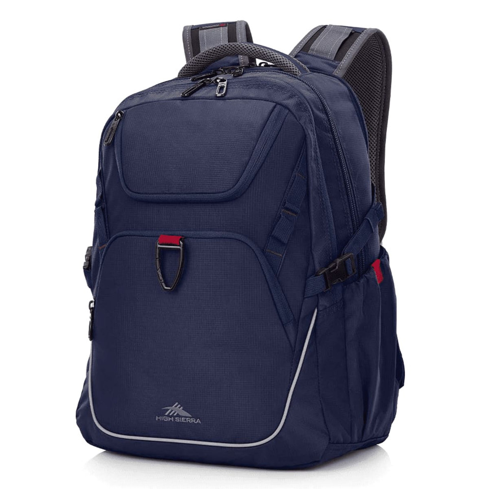 A navy blue High Sierra Access 4.0 Backpack with multiple compartments and padded straps. It features a logo.