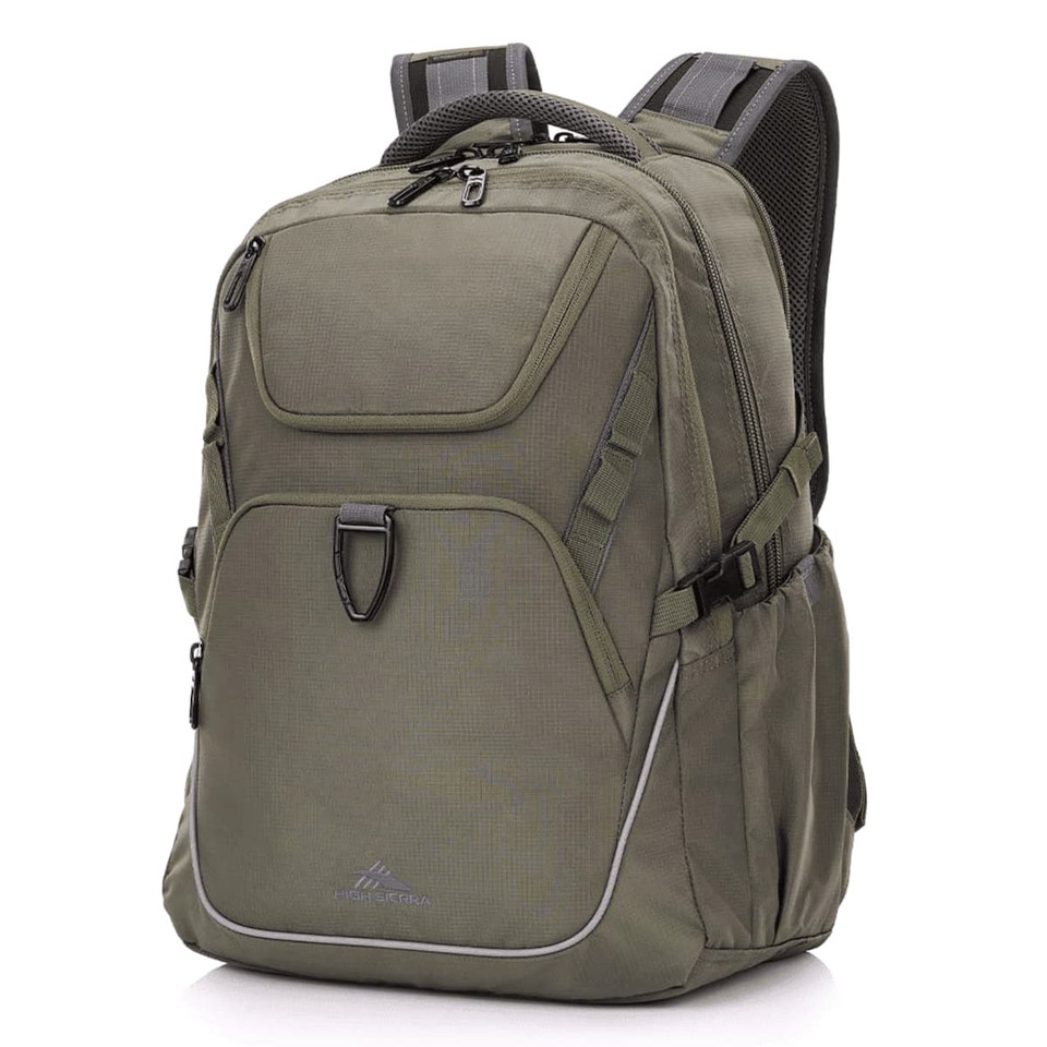 A green High Sierra Access 4.0 backpack featuring multiple compartments and a logo on the front.