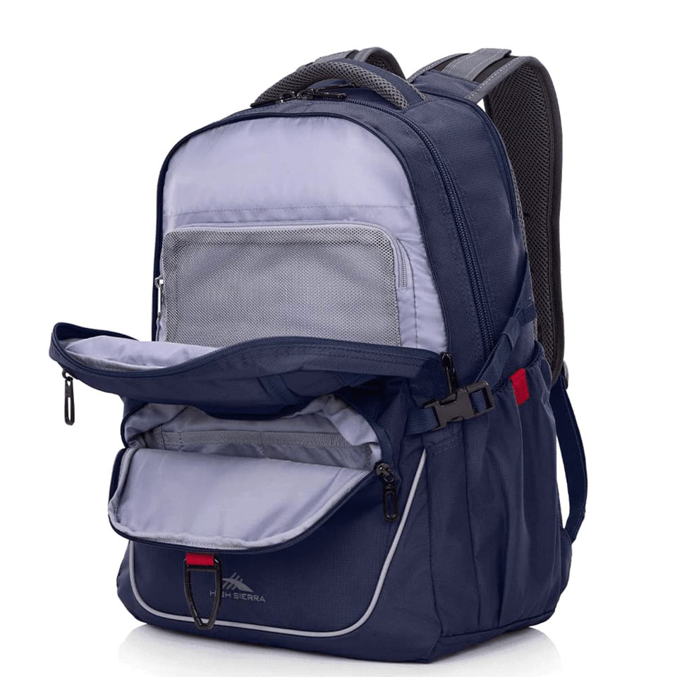 A navy blue backpack with a grey interior and multiple zippered compartments. It has padded straps and a logo.