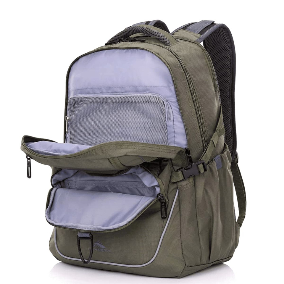 A green and grey backpack with multiple compartments and zippers. It features a logo on the front.