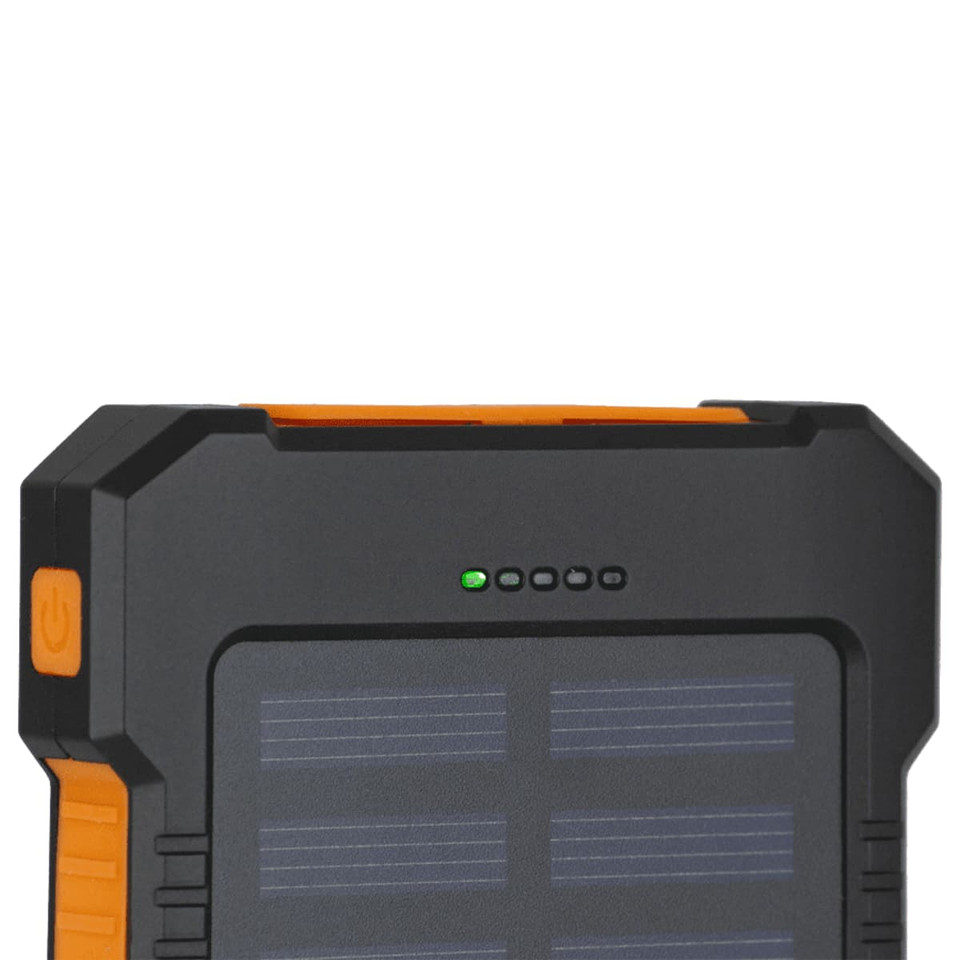 A black and orange solar power bank with a solar panel design and indicator lights on the top.