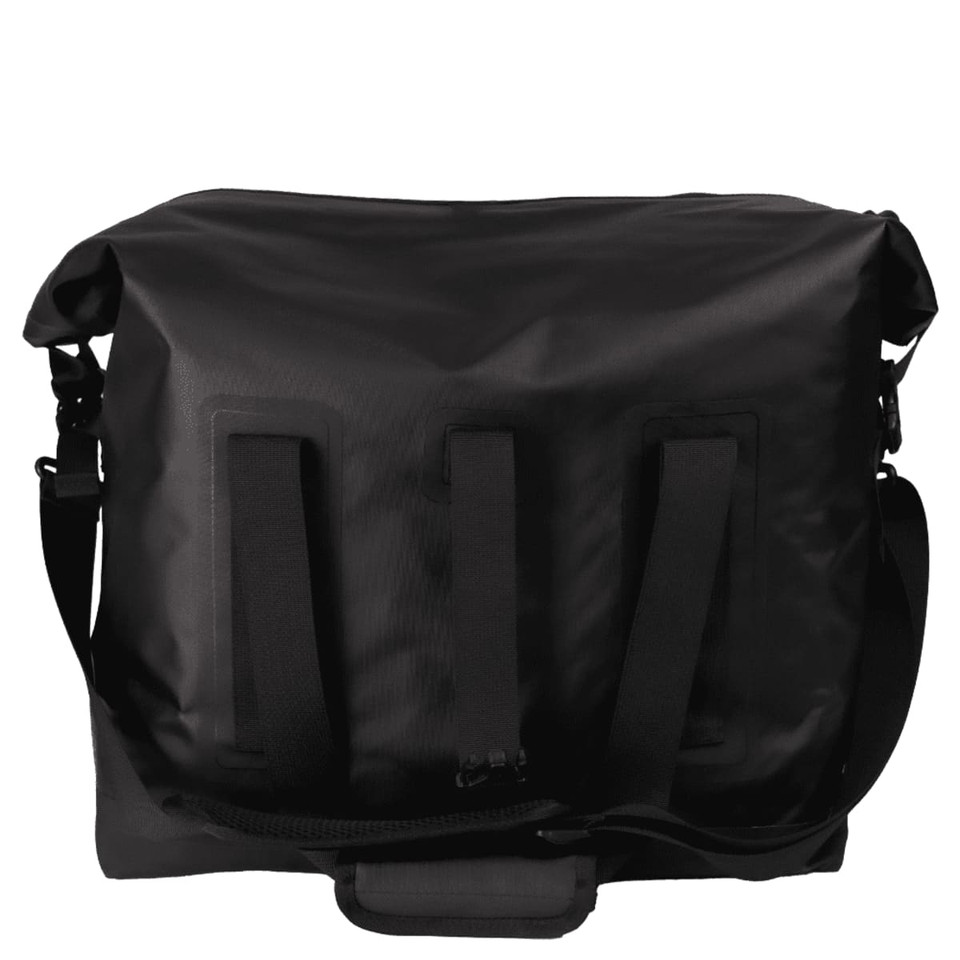 A black soft roll-top cooler featuring adjustable straps and a secure closure system.