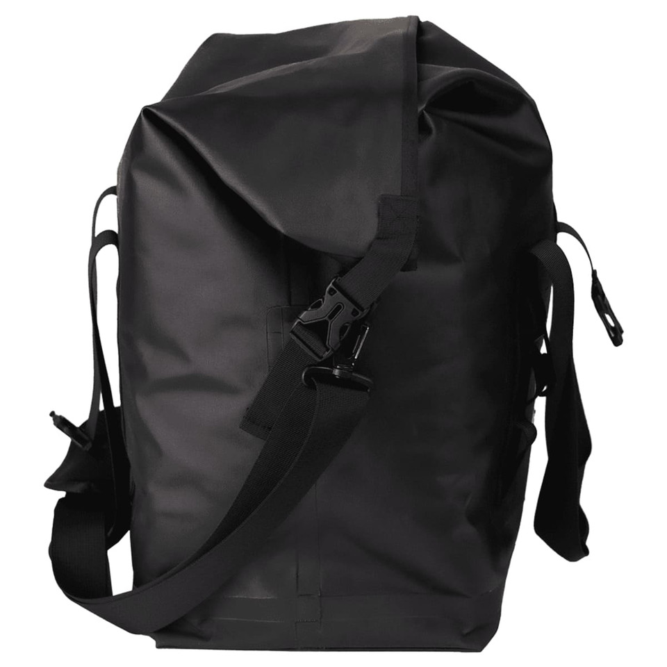 A black roll-top cooler with adjustable straps and buckles, featuring a sleek, waterproof design.