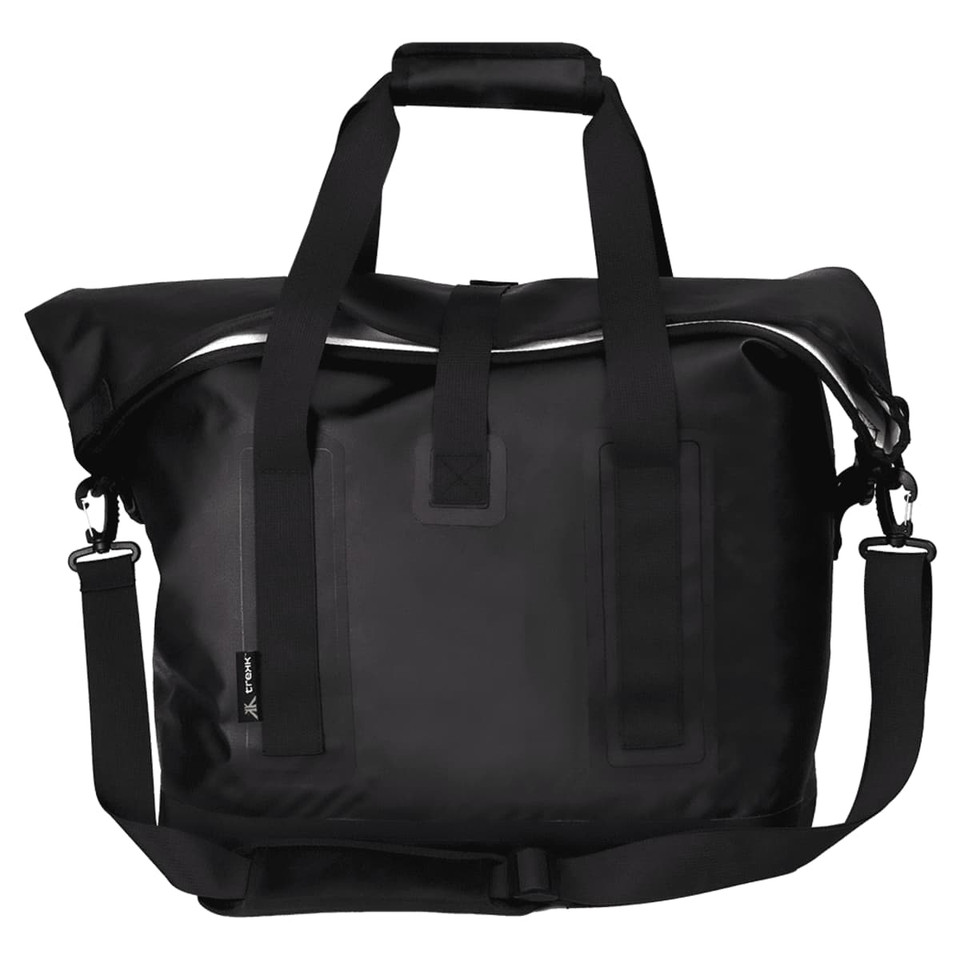A black soft roll-top cooler bag with sturdy handles and a detachable shoulder strap. It features a logo.