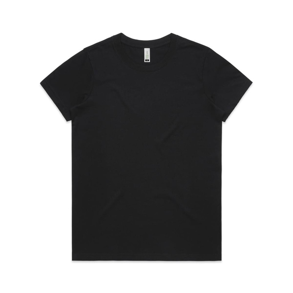 A black t-shirt displaying a classic crew neck design, featuring a logo on the tag.