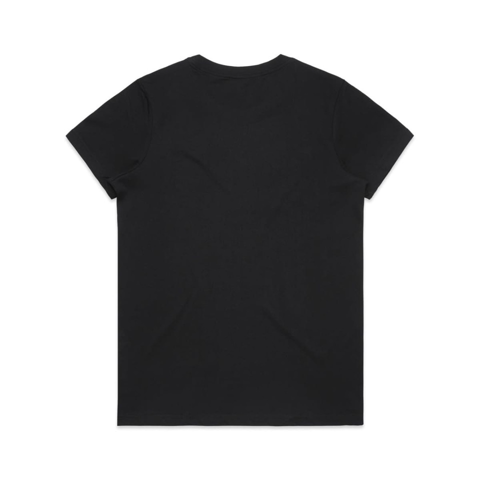 A black, short-sleeved T-shirt with a plain design and a logo on the back.