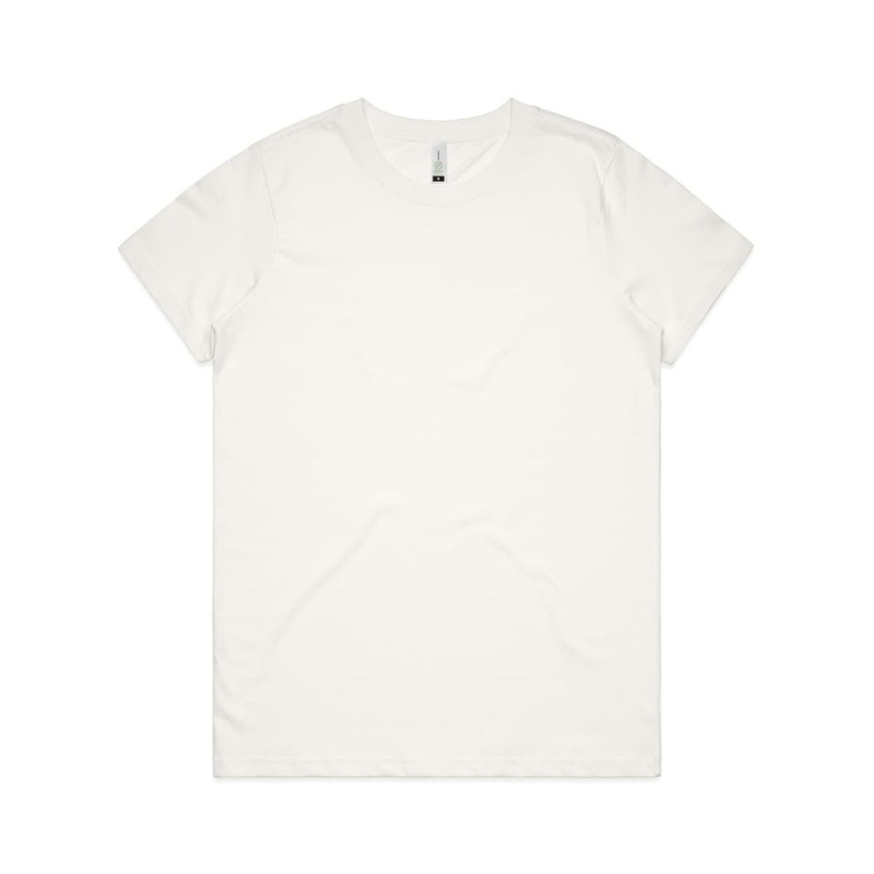 A plain white organic T-shirt with a crew neck and short sleeves, featuring a small logo.