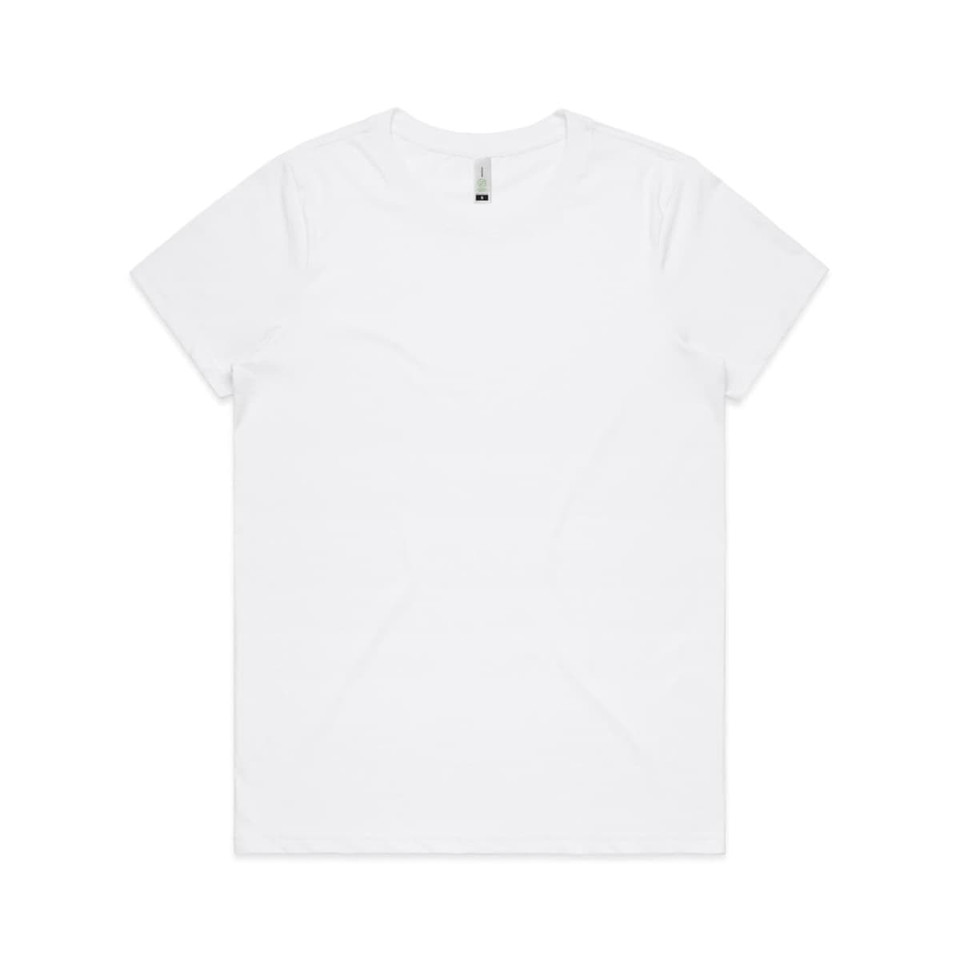 A plain white organic t-shirt with a round neckline and short sleeves. It features a brand logo on the label.