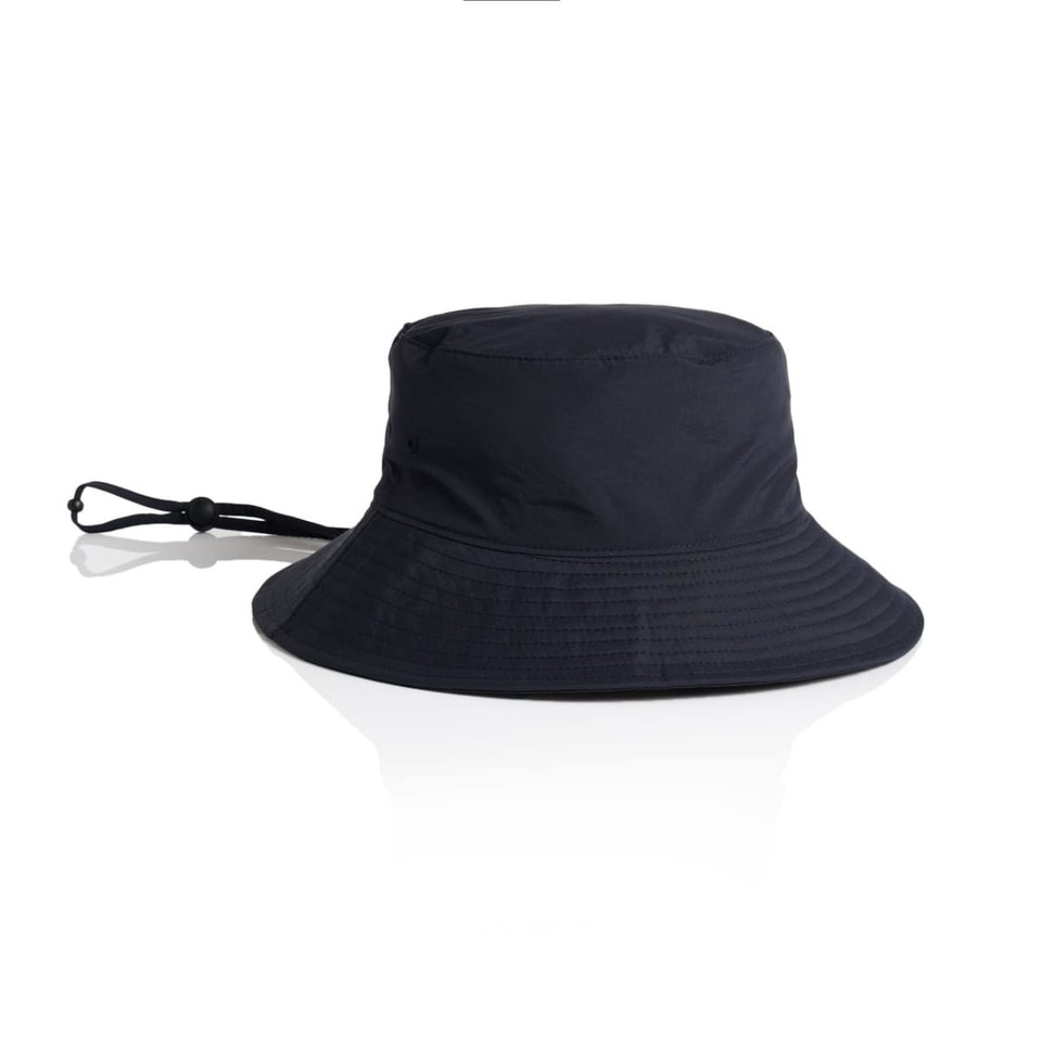 A navy nylon wide brim bucket hat with a drawstring for adjustability, featuring a logo.
