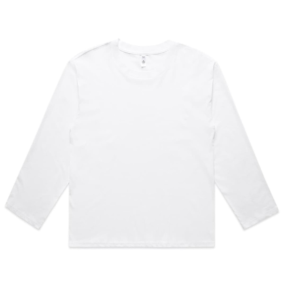 A white long-sleeve t-shirt with a crew neckline and a label inside, featuring a logo on the side.