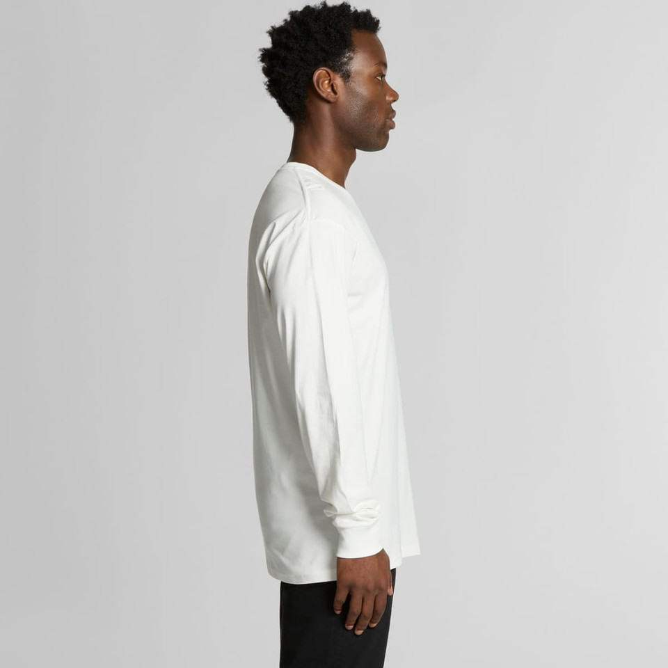 A long-sleeved organic tee in white, featuring a straight profile and a simple design with a logo.