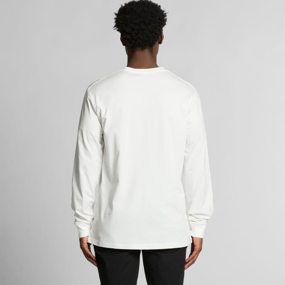 A long-sleeved white T-shirt is displayed from the back, featuring a simple design and a logo on the back.