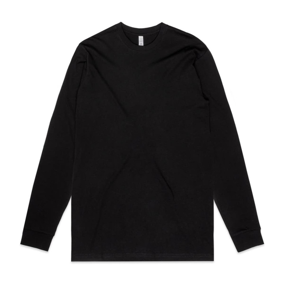 A black long-sleeve T-shirt with a round neckline and a small logo on the label.