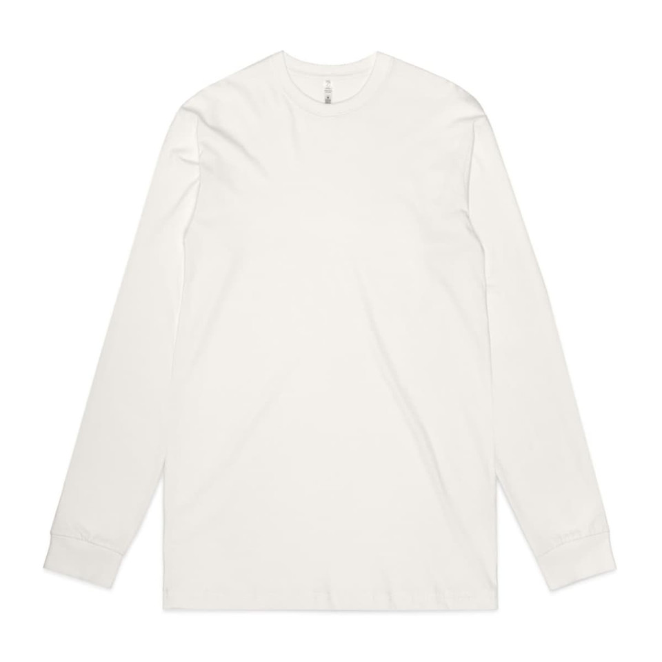 A long-sleeve organic T-shirt in white, featuring a logo on the neckline.
