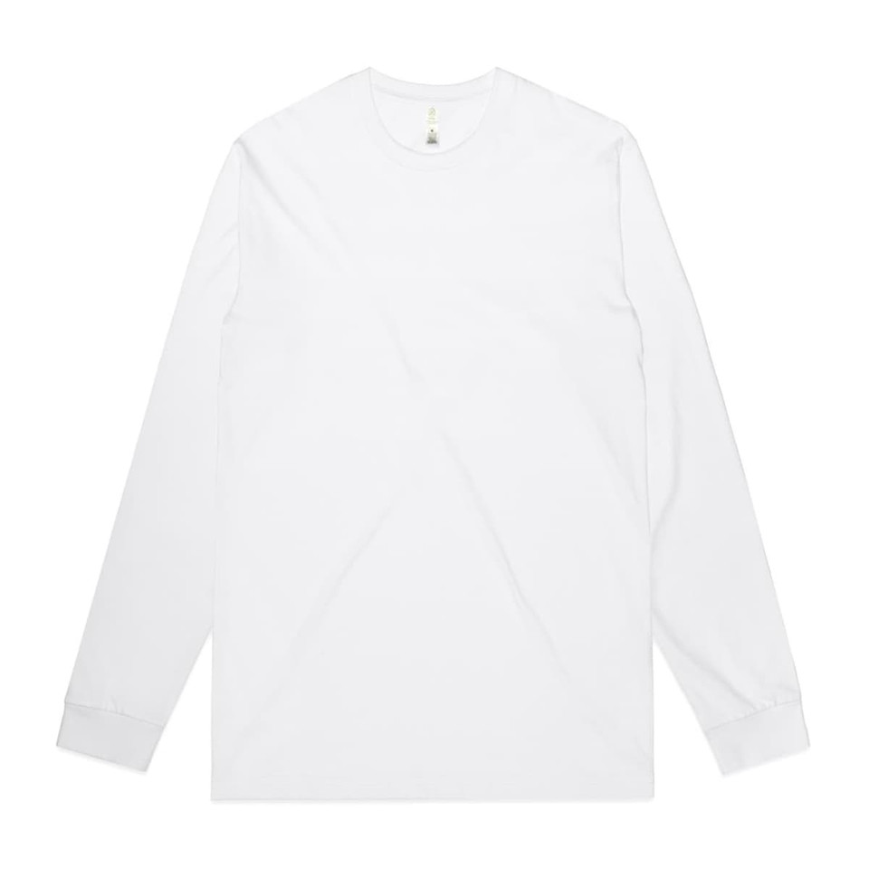 A long-sleeve white organic tee featuring a simple design and a logo on the neck label.