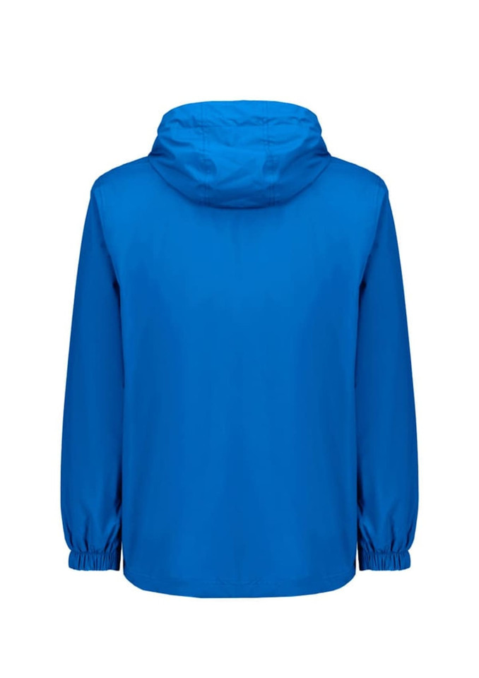 A blue unisex super light packable rain jacket with a hood and elastic cuffs, featuring a logo.