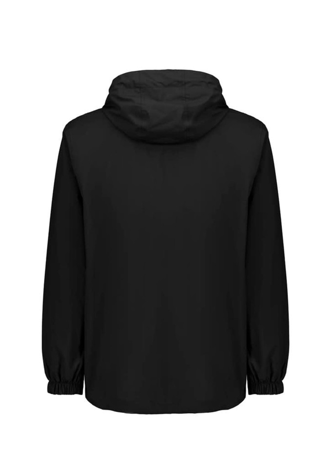 A black unisex super light packable rain jacket with a hood and elastic cuffs. It features a logo on the back.