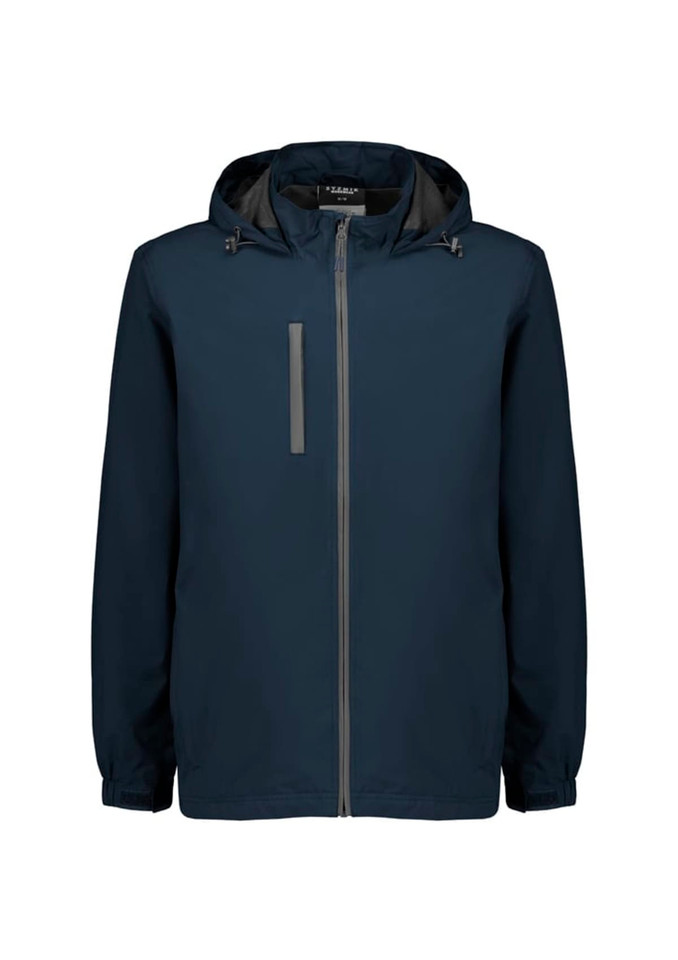 A navy unisex super light packable rain jacket with a hood and adjustable features, featuring a logo.
