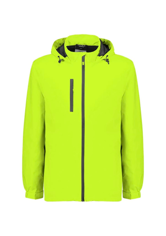 A bright yellow unisex packable rain jacket with a hood and a front zipper, featuring a logo on the chest.
