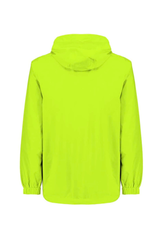 A bright yellow unisex packable rain jacket with a hood, featuring elastic cuffs and a clean design.