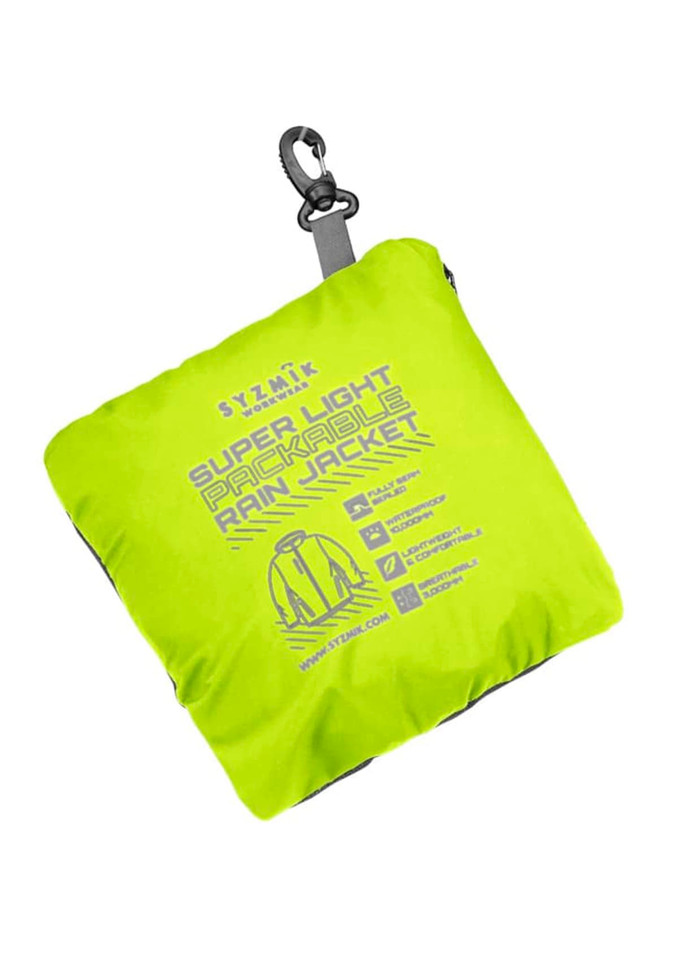 A bright yellow packable rain jacket compactly folded with a clip for easy attachment and a logo.
