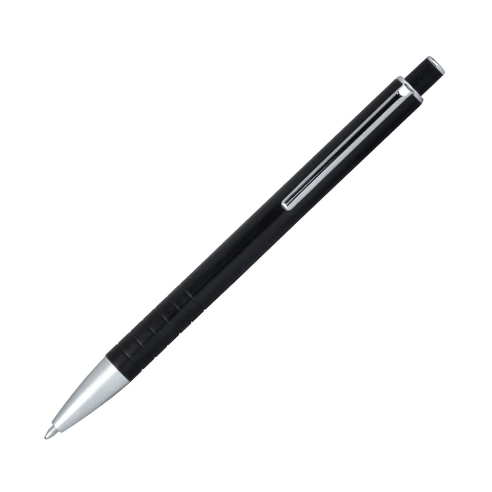 A black ballpoint pen with a click action mechanism and a silver tip, featuring a simple design and a clip.