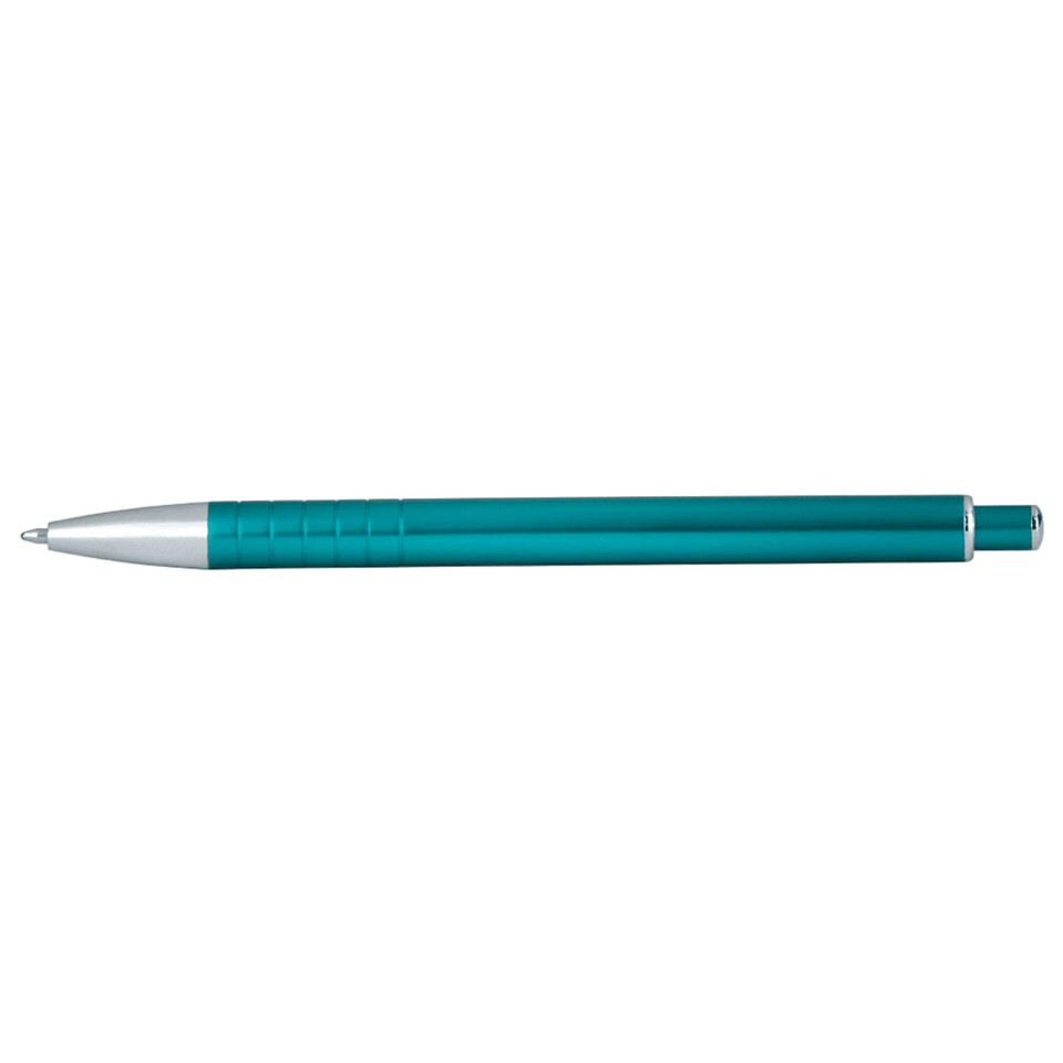 A teal ballpoint pen with a metallic silver tip and a ridged grip, featuring a branding logo.